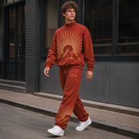 Survêtement personnalisé à col montant avec motif montagne rayonnant, pantalon de jogging à cordon de serrage, streetwear décontracté imprimé pour homme