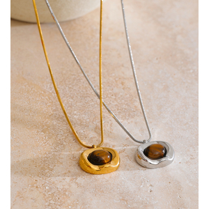 JINYOU 4939 Collar Vintage de Cadena de Serpiente de Acero Inoxidable Chapado en Oro con Colgante de Piedra Natural Ojo de Tigre de Forma Geométrica - Product Image 4