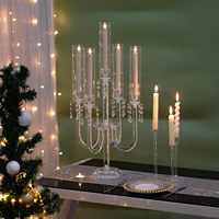 Centre de table candélabre pour mariage, fête, réception, décoration, acrylique, 5 bras, porte-bougie LED transparent