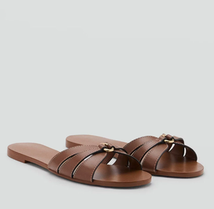 F820 Hot Sale Custom Women Cross Strap Slides Wholesale Gold <strong>O</strong>-Ring Buckle Beach <strong>Flat</strong> Sandals Comfortable Slip-On Slipper - Product Image 1