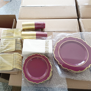 Bộ đồ ăn màu đỏ bằng nhựa, kèm khăn ăn, đĩa ăn cho đám cưới, họa tiết hoa hướng dương - Product Image 6