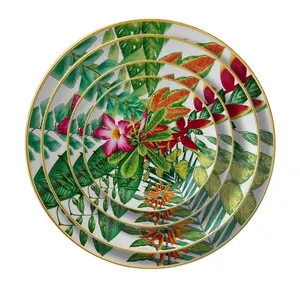 Service de Table en Porcelaine Fine à Bord Doré avec Motif Floral Vert, Vente en Gros Usine, Ustensiles Complets pour Mariages, Événements et Restaurants - Product Image 1