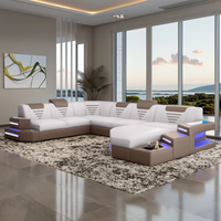Muebles de sala de estar Juego de sofás de cuero Sofá de esquina seccional en forma de U con luz LED