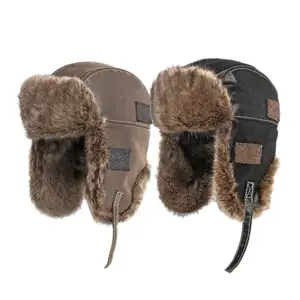 Thermal PU Leather Cover Faux Fur Fluffy Thickened Aviator Riding Winter Ski Plush Russian Ushanka Ear Flap Trooper Trapper Hat