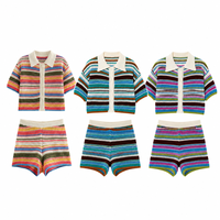 Ensemble deux pièces pour femme, cardigan en tricot rayé et short, manches courtes, col rabattu, été, prix de gros personnalisé ODM