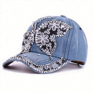 Casquette de baseball élégante en jean délavé avec strass papillon scintillant pour femme – Vente en gros - Product Image 1