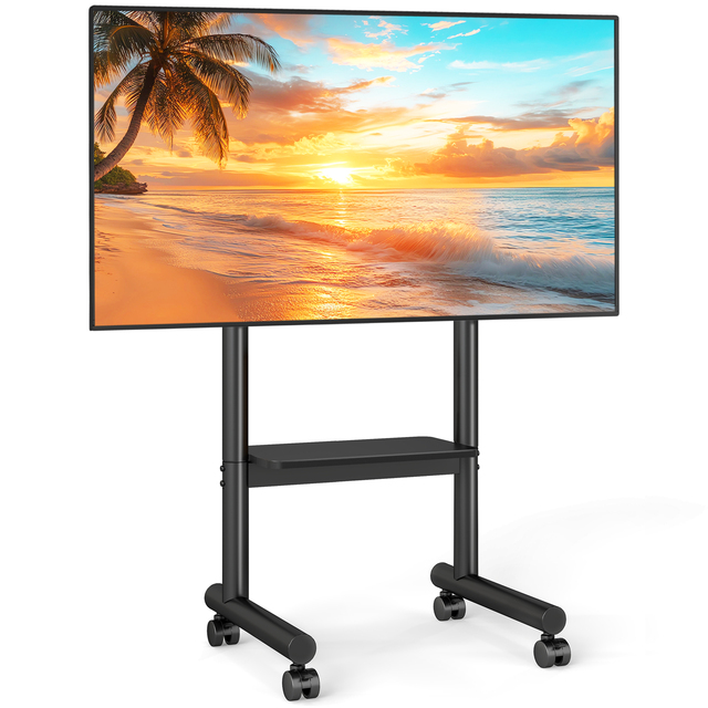 75 Inch Mobile TV Stand with Shelf, Floor TV Cart with Wheels, Height Adjustable for 40-75 Inch Flat or Curved Screens