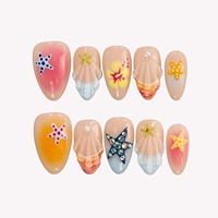 Kuku Akrilik Almond Press-on 3D Motif Bintang Laut Gradasi Sunset, Bunga Lukis Tangan, Aksen Berlian Imitasi Warna-warni, Musim Panas yang Ceria