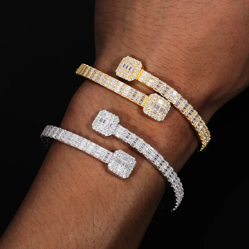 Passar Diamante Testador 16.15ct 5.5 milímetros 925 Sterling Silver Baguette Moissanite VVS Iced Out Cuff Bangle Bracelet Para As Mulheres Homens