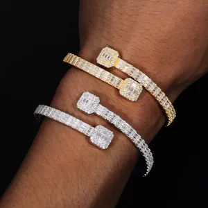 Pass Diamond Tester 16.15ct 5.5Mm 925เงินสเตอร์ลิง Baguette VVS Moissanite Iced Out Cuff สร้อยข้อมือกำไลข้อมือสำหรับผู้ชายผู้หญิง