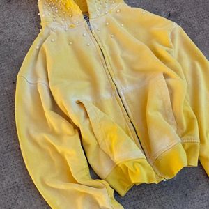 Custom Men Y2K Street Wear Cropped Zip up Hoodie Vintage Washed Yellow Pearl Rhinestone Studded Sun Faded Wash Zipper Hoodie - Product Image 3
