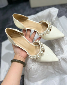 High Quality Designer Inspired Pearl Strap High Heels Women's Patent Leather Pointed Toe Pumps with Genuine Leather <b>Insole</b> - Product Image 2