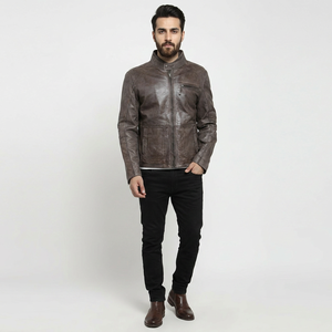 Chaqueta de Cuero para Motociclista de Diseño Único para Hombre, Estilo Vintage Transpirable, Cuello Alto Moderno con Bolsillos para Invierno - Product Image 1