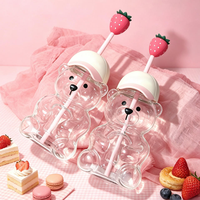 Nouvel Arrivage 2026 Tasse à café en verre motif ours en peluche fraise rose 20OZ pour cadeau, avec couvercles et pailles