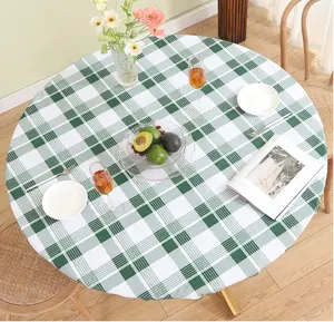Round Fitted Vinyl Tablecloth with Elastic Edge Flannel Backed Waterproof Oil-Proof Table Cover Stain-Resistant PVC Table Cloth