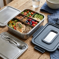 Boîte à lunch bento personnalisée en acier inoxydable 304, 3 compartiments, anti-fuite, sans BPA, avec couvercle en plastique et couverts pour le bureau et l'école