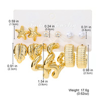 Lot de 6 paires de boucles d'oreilles clous fantaisie pour femmes, plaquées or, motifs feuille, étoile, coquillage, perle et nœud, style géométrique