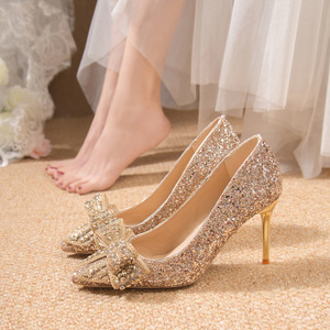 Cross-border Plus-size Wedding Shoes for Women Pointy Shallow Mouth Skinny Heels With Gold Annual Meeting Sequin Bridal Rhi - Product Image 2