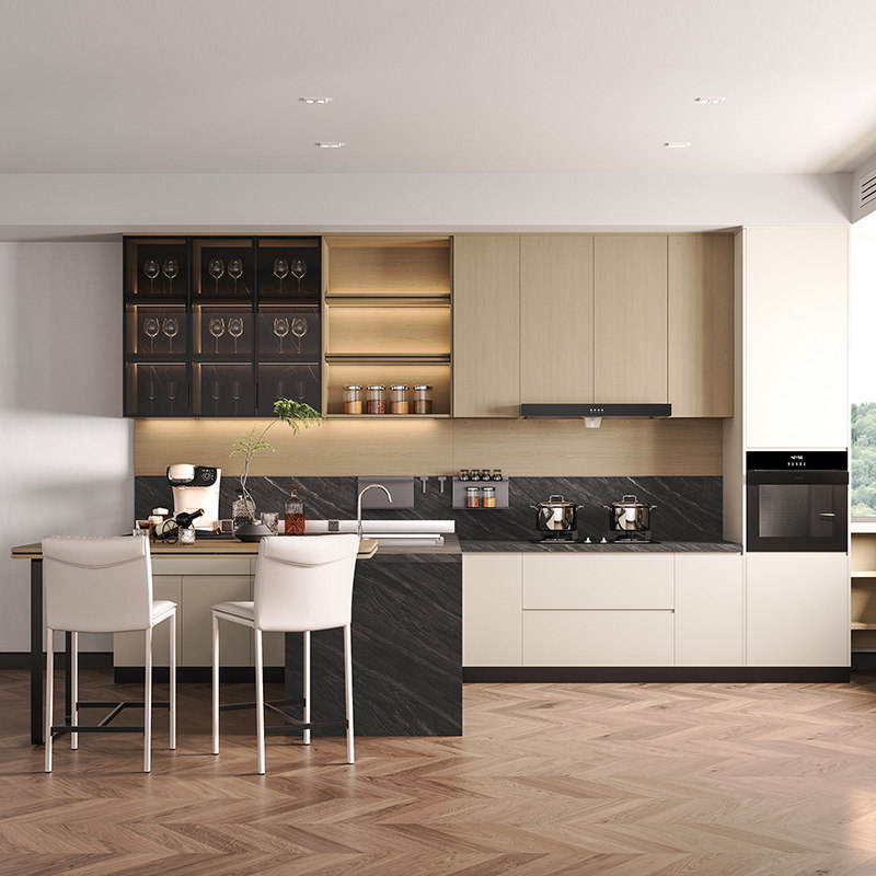 Modern Luxury L Shape Kitchen Cabinet Set Wood Beige Black Frame Glass ...