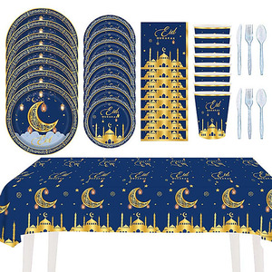 Ensemble de vaisselle de fête du Ramadan de haute qualité et résistant - 117 pièces, assiettes et couverts jetables dorés Eid Mubarak, ensemble de célébration - Product Image 5