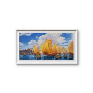 Tableau d'artiste signé Zhang Jishi - Œuvre originale Le navire au trésor de Zheng He - Impression sur toile de qualité muséale - Nature morte encadrée blanche - Décoration murale Art Déco - Product Image 6