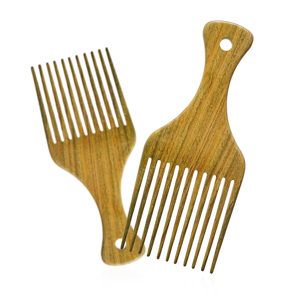 High Quality Smooth Anti-static Eco-friendly Natural Green Sandalwood Afro Pick Wide Tooth Hair Comb