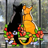 Vitral Decorativo de 5mm de Grosor, Diseño de Gato Personalizado, Hecho a Mano, Estilo Europeo Tradicional, para Decoración Interior de Puertas y Ventanas