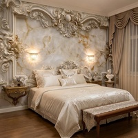 Papier peint mural 3D de luxe européen orné de motifs rococo, crème doré texturé, marbre sculpté, pour la décoration murale du salon
