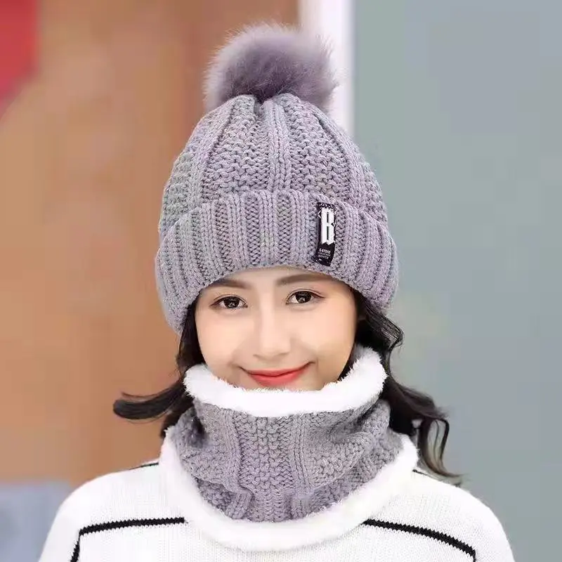 Winter new velvet and thick ear-protection knitting Warm hat wool scarf wholesale pure color Two pieces knitted hat set