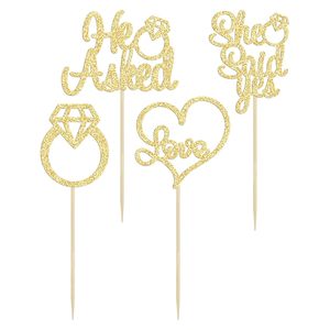 He Asked She Said Yes Décorations de gâteau en forme de cœur avec anneau de diamant et paillettes dorées pour mariage, fiançailles, fête, décoration de gâteau - Product Image 3