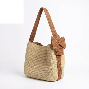 Bolso de hombro hecho a mano para mujer con decoración de lazo, estilo bohemio, para uso diario en verano, parte superior abierta, correa única, beige y marrón - Product Image 4