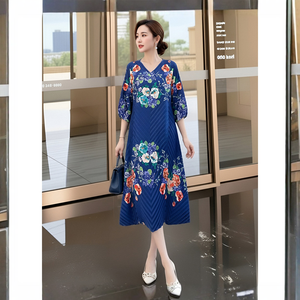 Abito Midi Elegante <span class=keywords><strong>da</strong></span> Donna con Scollo a V e Pieghe, Vestibilità Regolare, Stampa Floreale, Ecologico, Antipiega, Casual 2026 - Ingrosso Fabbrica - Product Image 5