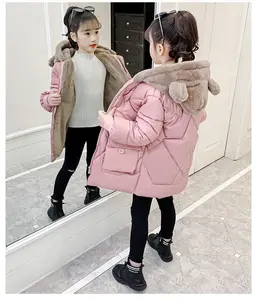 ילדה באיכות גבוהה בגדי ילדים צווארון פרווה גדול ברדס חגורה חמה עבה פרווה מלאכותית פוך כותנה מעילי חורף חמים