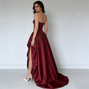 Robes maxi pour femmes, élégantes et romantiques, formelles, à col cœur sans bretelles, corsage en satin, fente haute, traîne en <span class=keywords><strong>A</strong></span> - Product Image 3