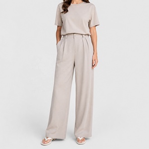 Eleganti <span class=keywords><strong>Pantaloni</strong></span> da Completo Grigio Pietra a Gamba Larga per Donna, Vita Alta, Plissettati, Stile Ufficio, Pantalone Drappeggiato Chic - Product Image 2