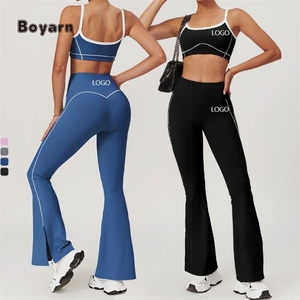 Boyarn femmes ensemble de sport marque côté ligne blanche U cou soutien-gorge pas Scrunch évasé Legging Yoga ensemble Fitness vêtements de sport tenue - Product Image 2