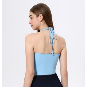 Soutien-gorge de sport à col halter avec logo personnalisé et dos ajouré pour Pilates, Yoga, Fitness, Gym - Effet seconde peau, Push-Up - Product Image 4