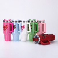 Novedad transfronteriza: Taza de coche de acero inoxidable al vacío de 40 oz con aplique de mariposa, vaso de regalo con pajita, mantiene bebidas frías o calientes de 6 a 12 horas, gran capacidad.
