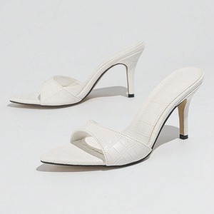 Women's Pointed-Toe Sexy Stone-Patterned One-Strap Stiletto Sandals Stylish <b>White</b> High <b>Heels</b> Shoes - Product Image 4