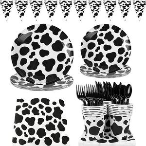 Kit de Décoration de Fête d'Anniversaire Thème Ferme Vache pour Enfants : Assiettes, Gobelets, Guirlande, Nappe et Vaisselle en <span class=keywords><strong>Papier</strong></span> Noir et Blanc - Product Image 2
