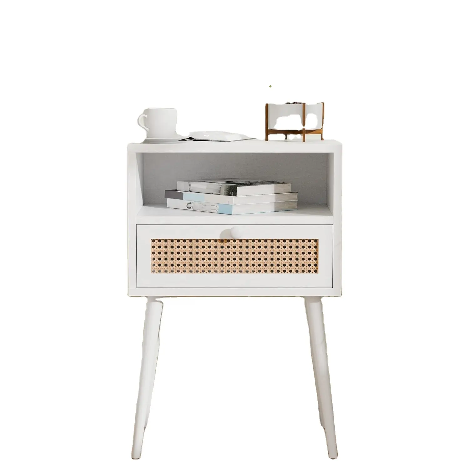 Wooden Bedside Table Rattan Side Table White Nightstand for Bedroom Living Room