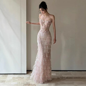 Evening Gown For Women Halter Tassel Natural Waist Spring Flower Banquet Color Coming Of Age Ceremony Dress - Product Image 1