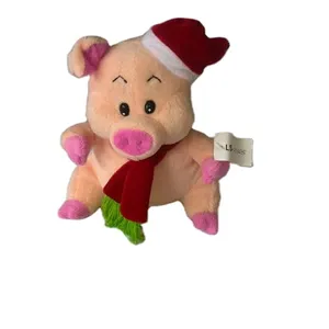 18cm promotional customized pink plush christmas pig animal toy with red christmas hat&scarf