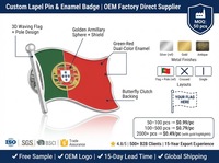 Écusson métallique personnalisé en émail dur avec drapeau national du Portugal et armoiries portugaises - Design moderne et antique