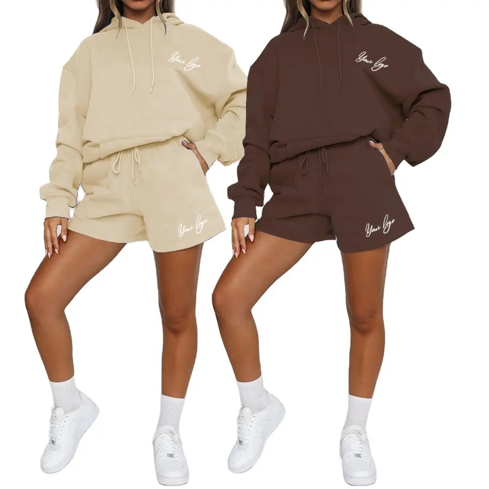 The Latest Terry Fleece Workout Drawstring Kangaroo Pocket Ladies Sports Suit Track Suits Women Short Set 2 Piece Outfits