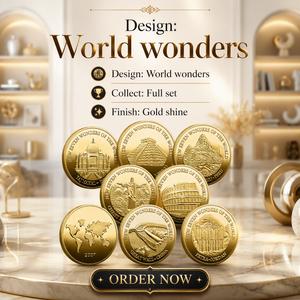Set di 8 Monete Commemorative Placcate in Oro, Meraviglie del Mondo, Regalo Souvenir per Collezionisti e Viaggiatori, Decorazione per la Casa - Product Image 1