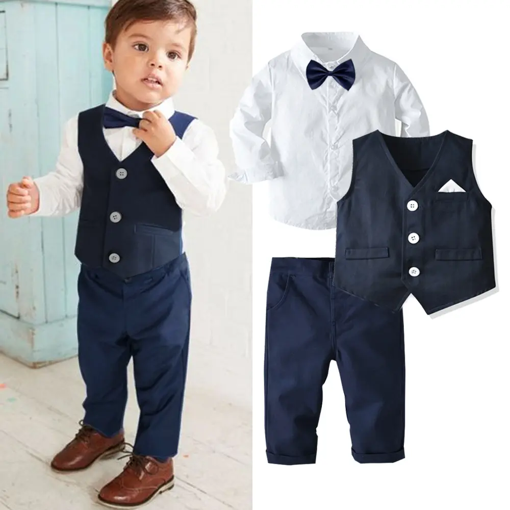 秋春長袖シャツベストパンツフォーマルパーティー誕生日は子供男の子男の子の記念品の衣装のための服のスーツを実行します