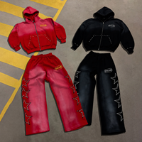 Ensemble de survêtements vintage streetwear en coton épais brodé, avec pantalon de jogging et sweat à capuche personnalisés imprimés de strass et effet délavé