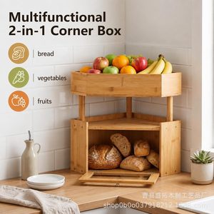 Boîte à pain en bambou d'angle avec panier à fruits 2 en 1, rangement de cuisine multi-niveaux en bambou pour pain et fruits - Product Image 3