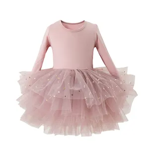 Autumn new long sleeved one piece ballet princess dress children's round neck star print fluffy sheep dance practice skirt